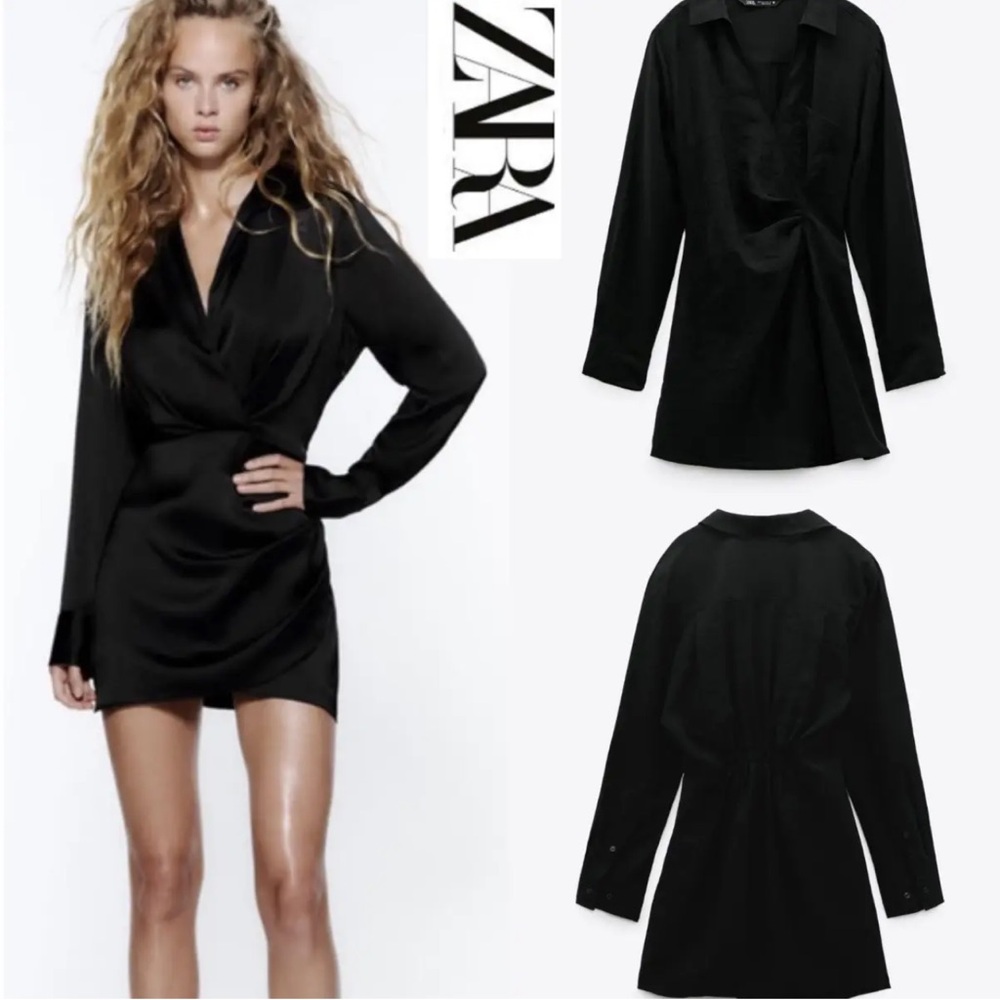 Zara Black Wrap Mini Dress‎ V-Neckline Satin Effect. Size L